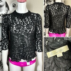 Comme Toi 3/4 Sleeve Black Floral Lace Top w/ Bead & Sequin Accents, Sz S